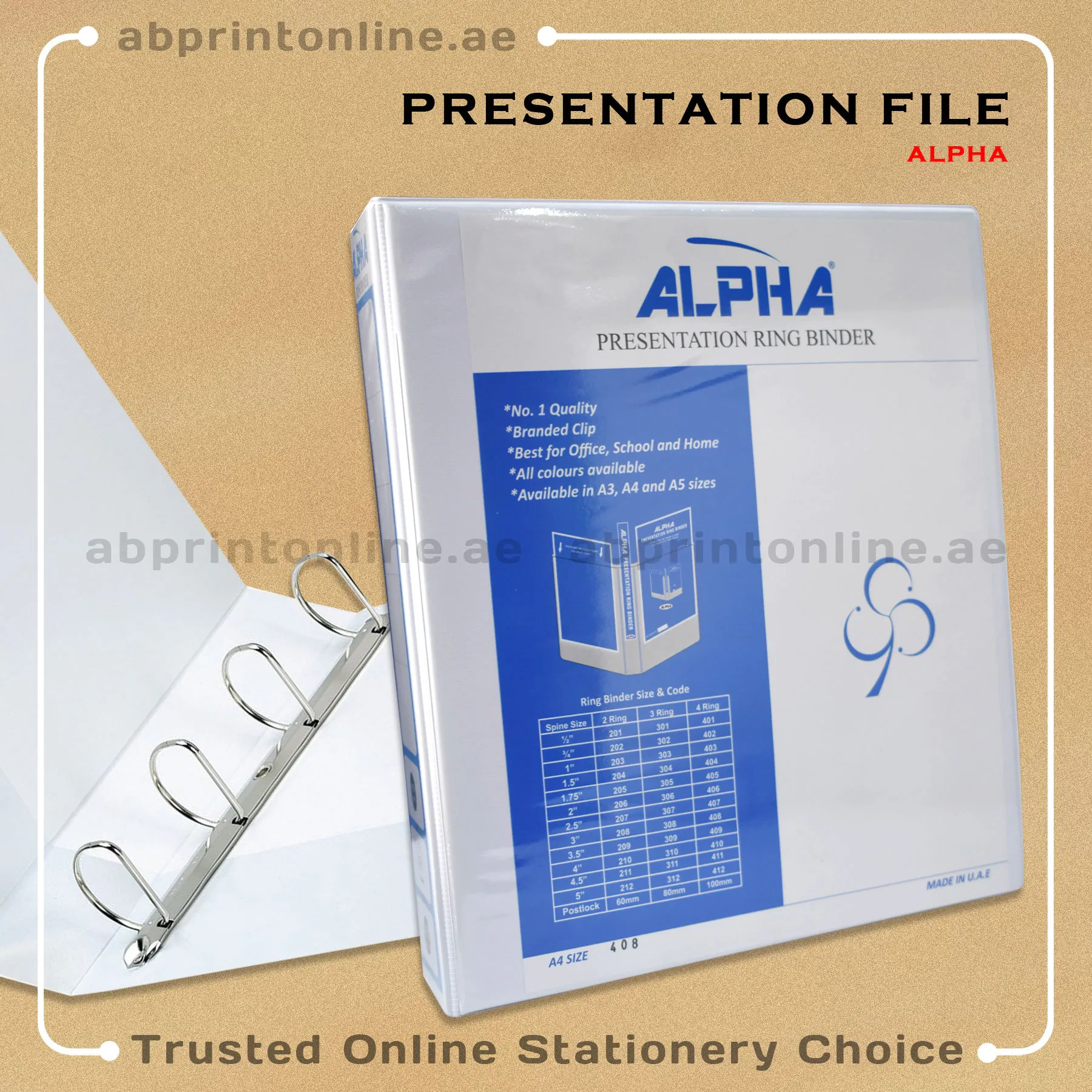 ALPHA PRESENTATION 4 RING BINDER A4 SPINE 76MM  WHITE COLOR-408 - Image 1