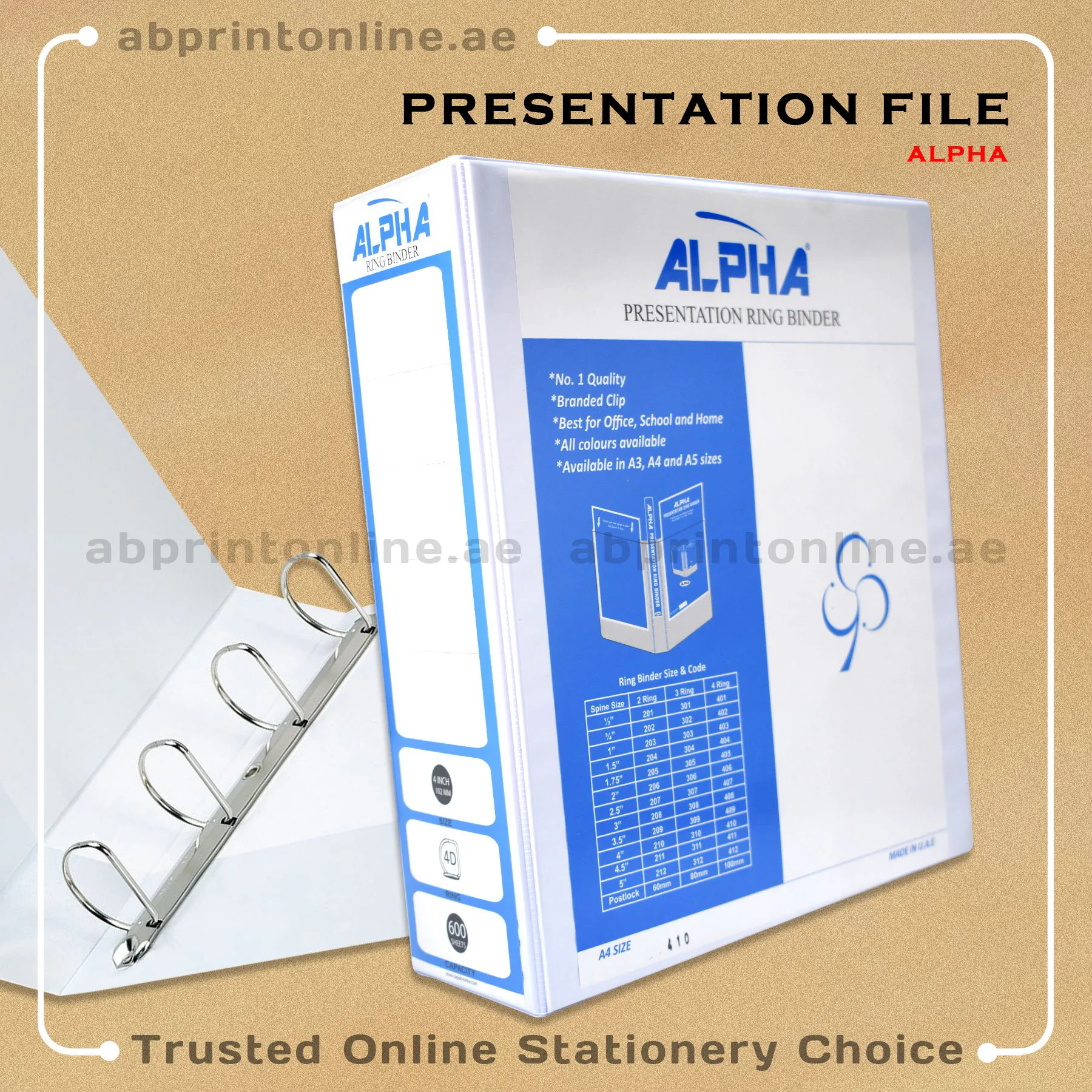 ALPHA PRESENTATION 4 RING BINDER A4 SPINE 102MM  WHITE COLOR-410 - Image 1