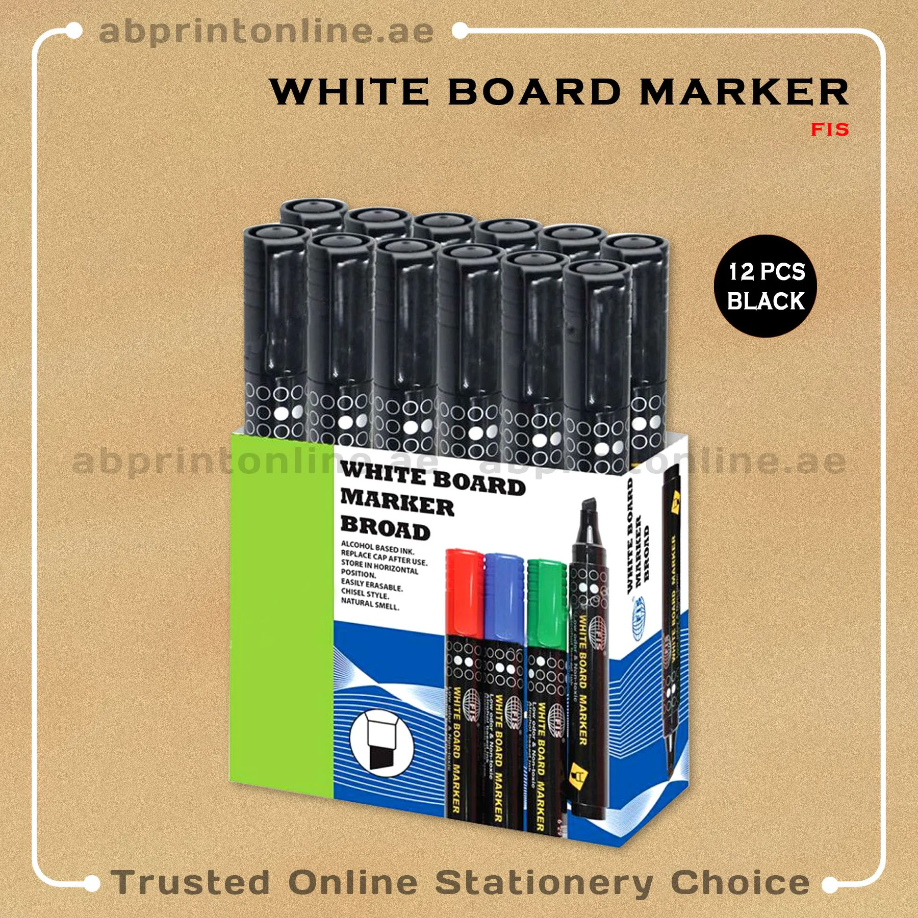 FISWBMarkerBlackPktChisel FIS CHISEL TIP WHITEBOARD BLACK MARKER PKT/12PCS - Image 1