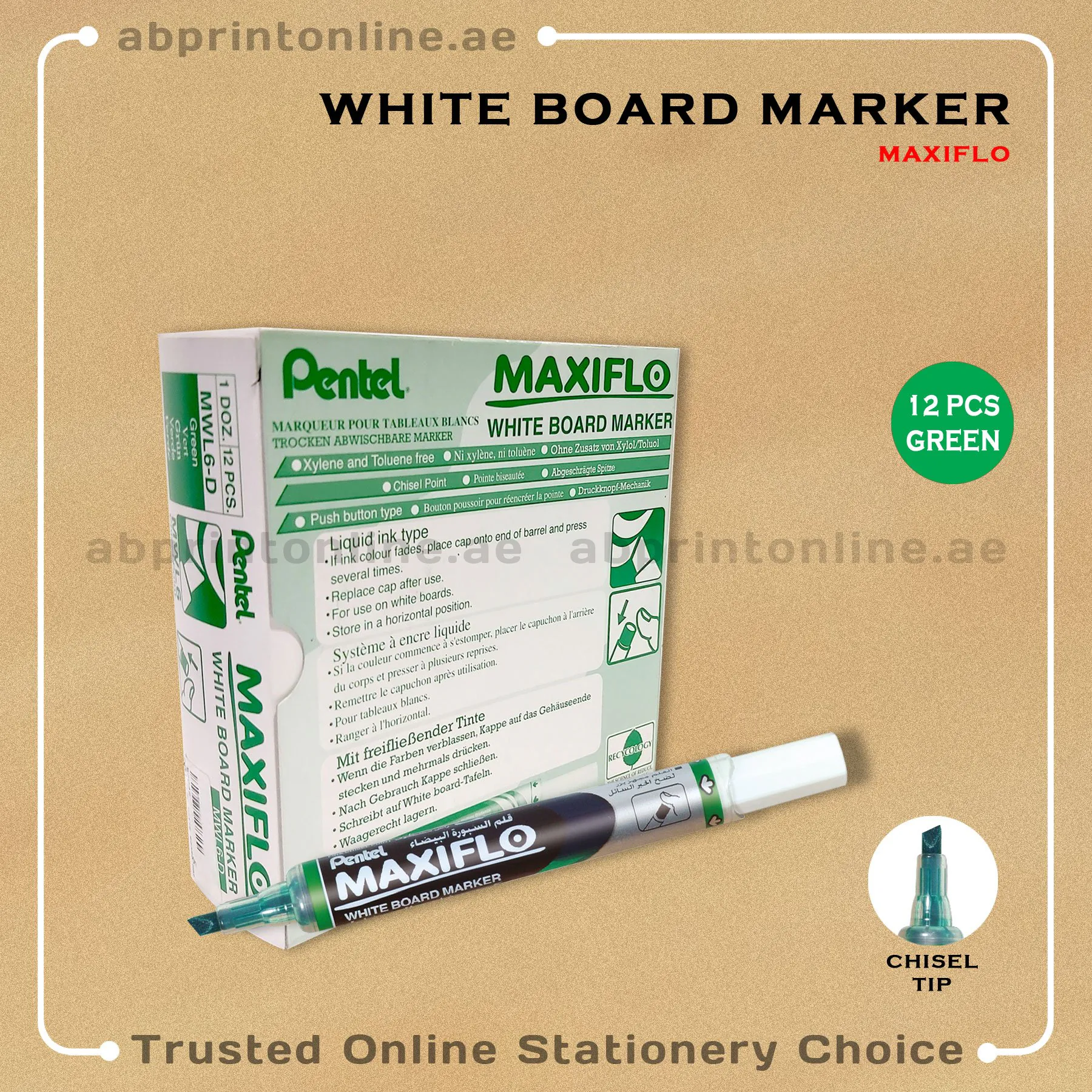 MAXI FLOW CHISEL TIP  WHITE BOARD GREEN MARKER PKT/12PCS - Image 1