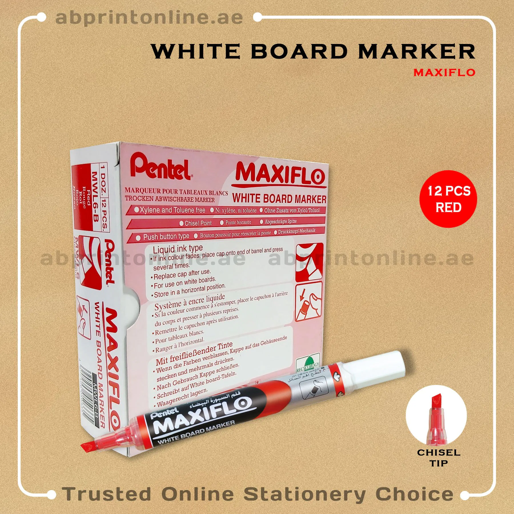 MaxifloWBMarkerRedChiselPkt MAXI FLOW CHISEL TIP WHITE BOARD RED MARKER PKT/12PCS - Image 1