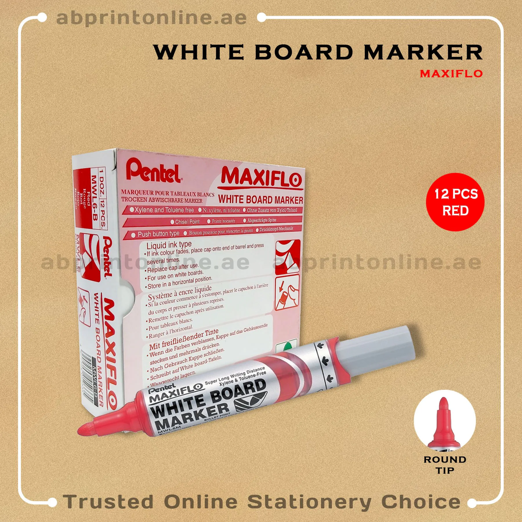 MaxifloWBMarkerRedRoundPkt MAXI FLOW ROUND TIP WHITE BOARD RED MARKER PKT/12PCS - Image 1