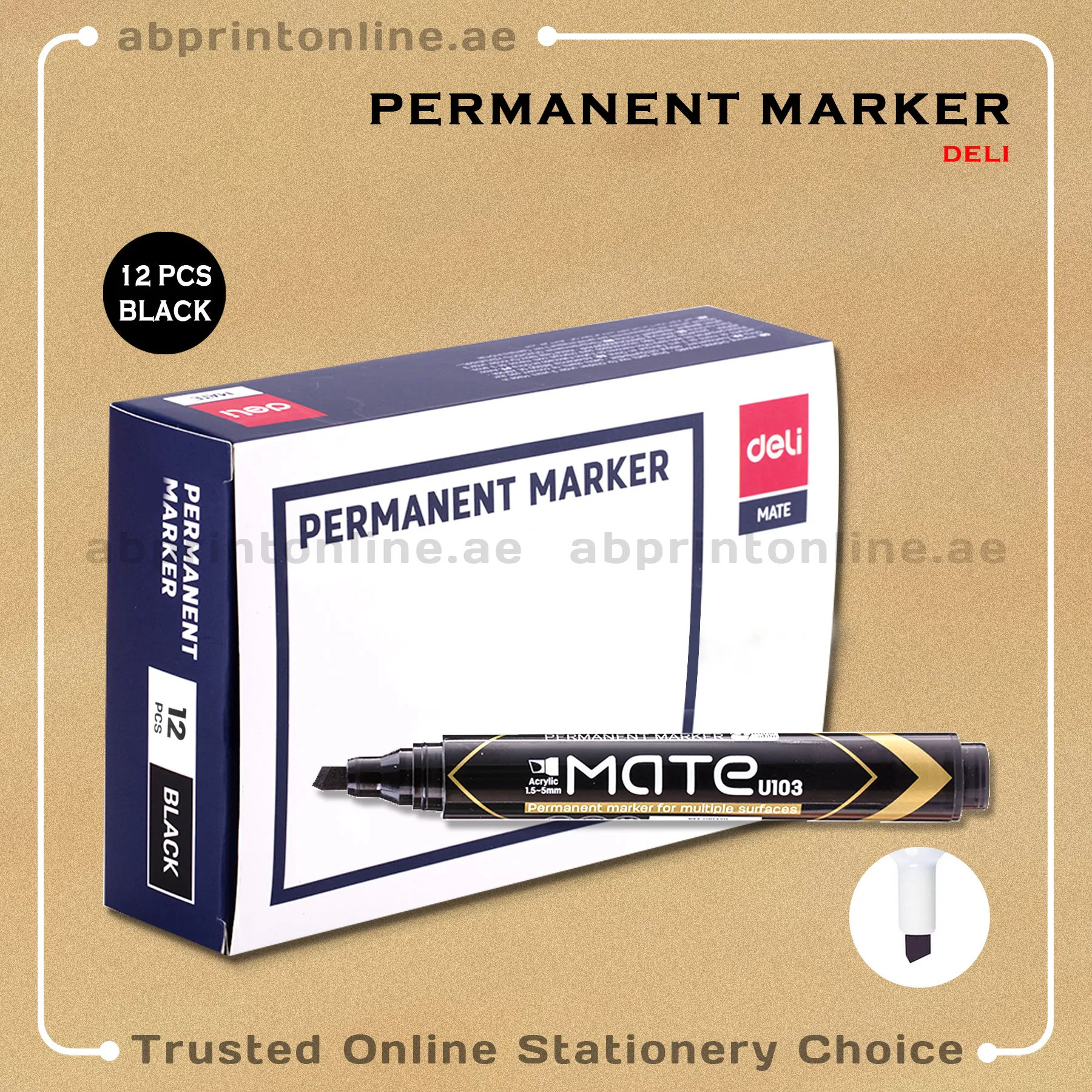 DELI REFILLABLE CHISEL TIP PERMANENT BLACK MARKER PKT/12PCS - Image 1