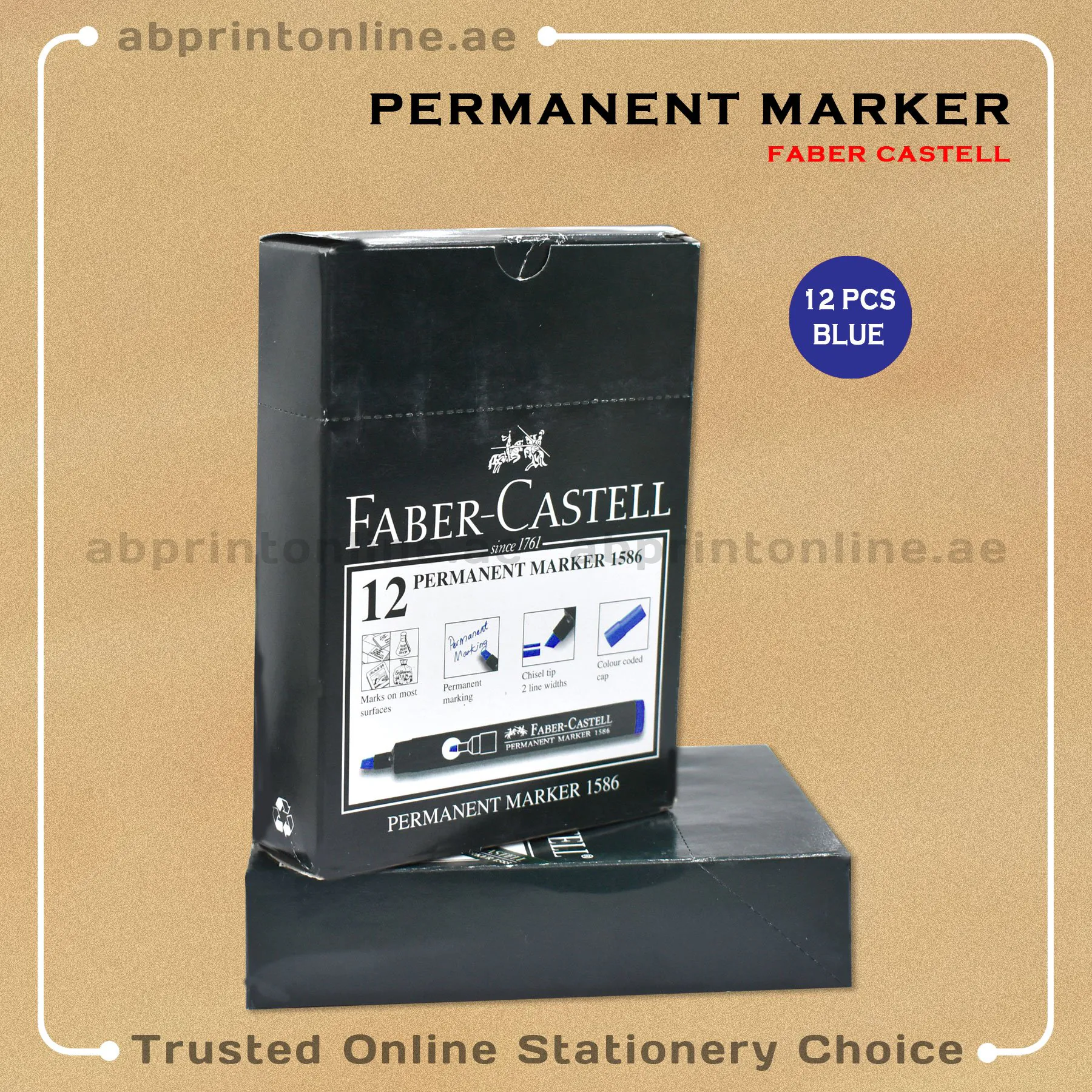 FABER CASTELL CHISEL TIP PERMANENT BLUE MARKER PKT/12PCS - Image 1