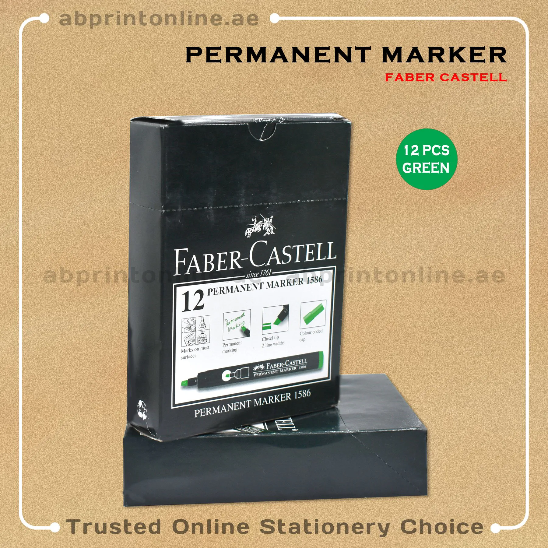 FABER CASTELL CHISEL TIP PERMANENT GREEN MARKER PKT/12PCS - Image 1