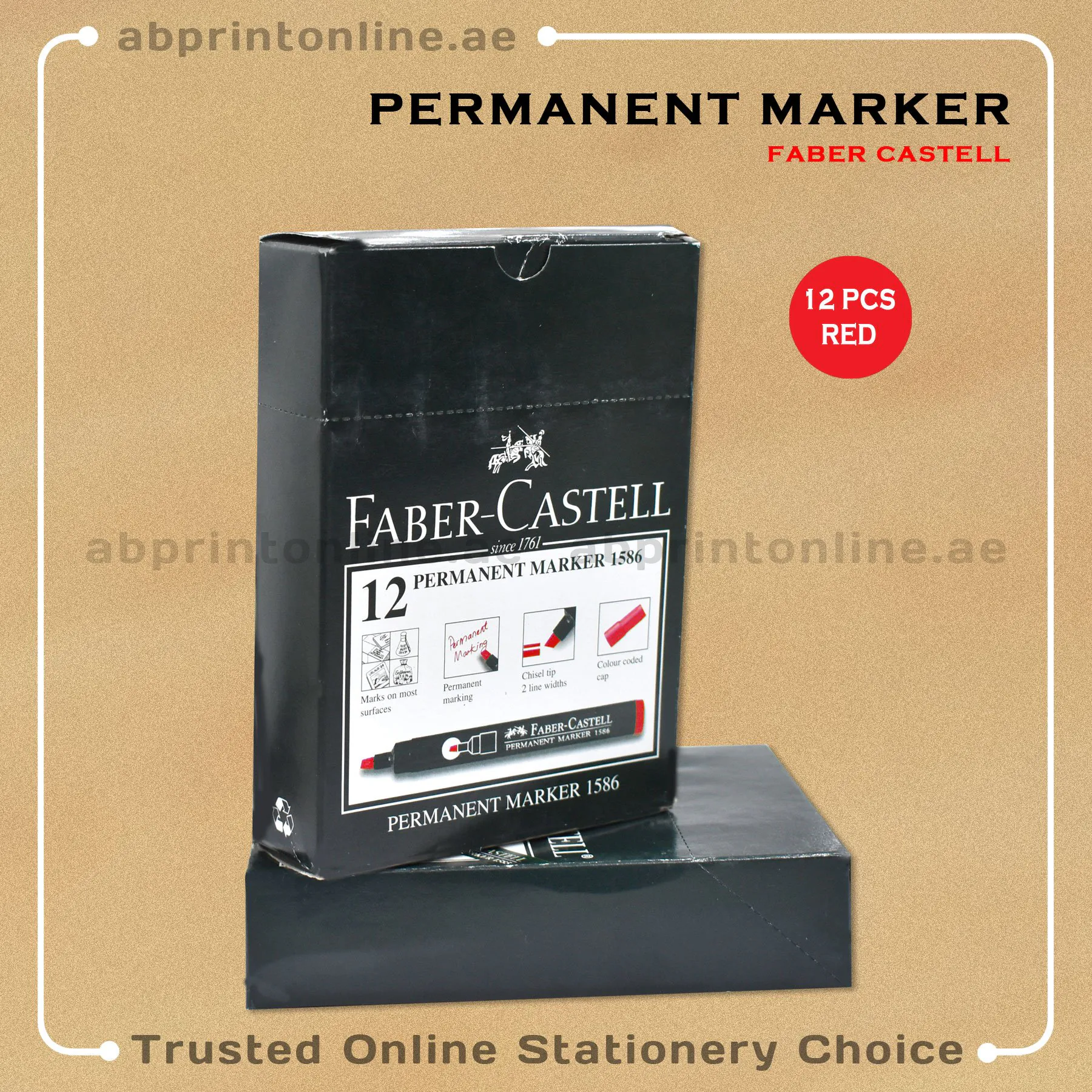FABER CASTELL CHISEL TIP PERMANENT RED MARKER PKT/12PCS - Image 1