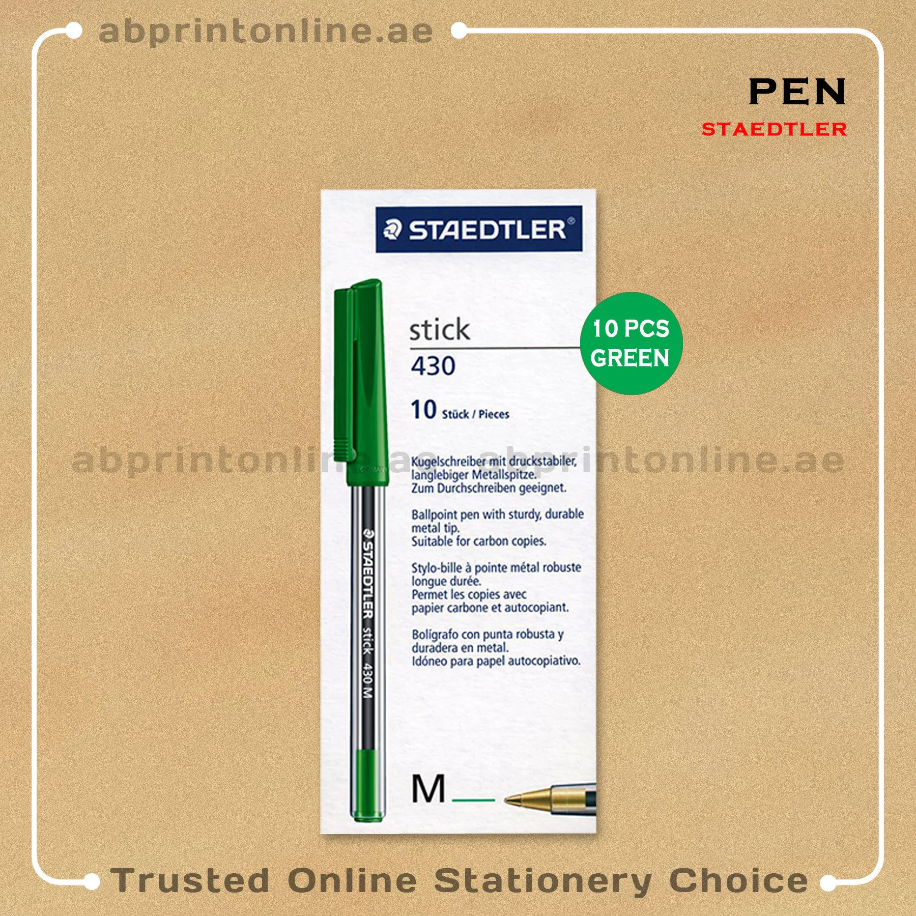 StaedtlerPenGreen10pkt STEADLER STICK 430M BALL POINT GREEN PEN PKT/10PCS - Image 1