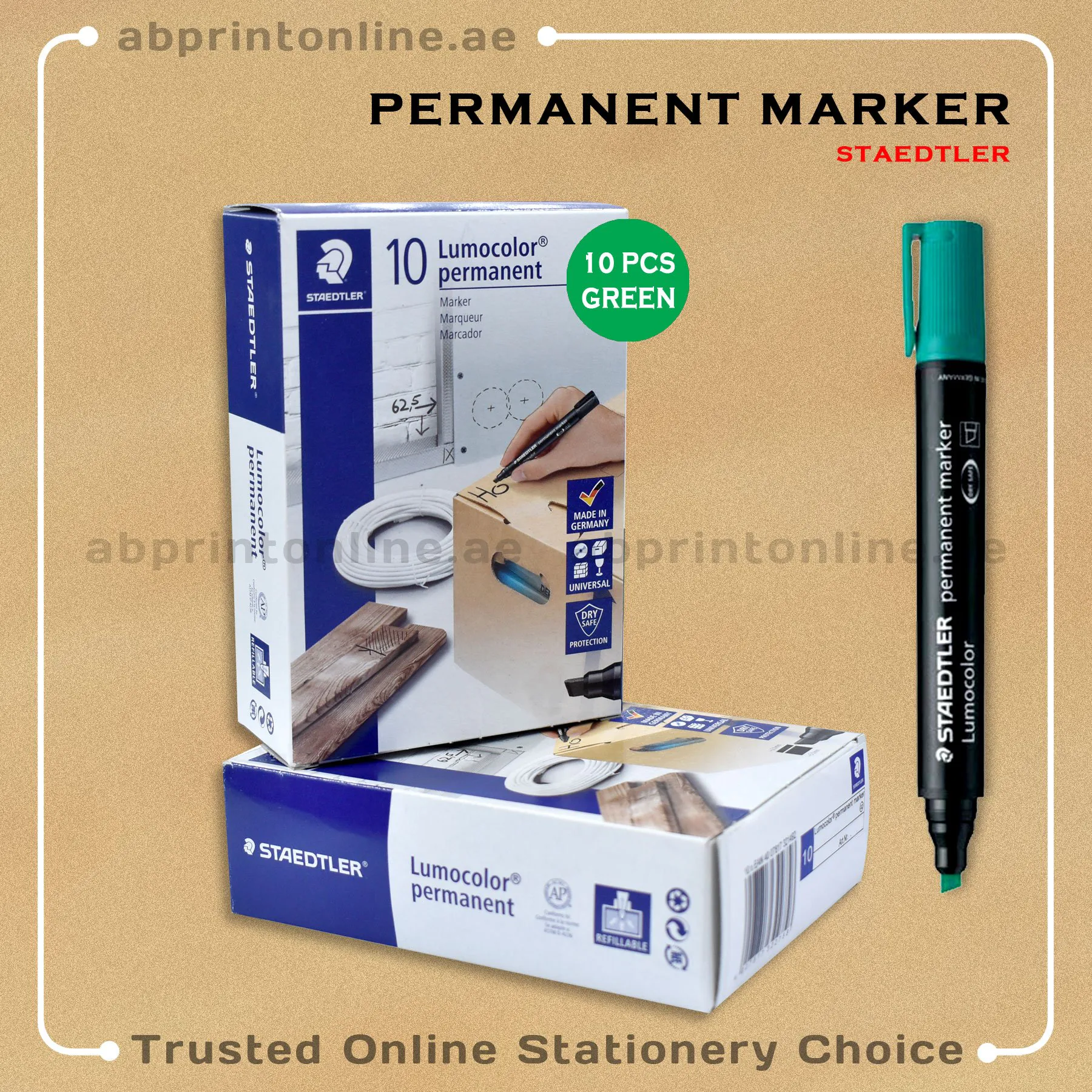 STEADTLER CHISEL TIP PERMANENT GREEN MARKER PKT/10PCS - Image 1