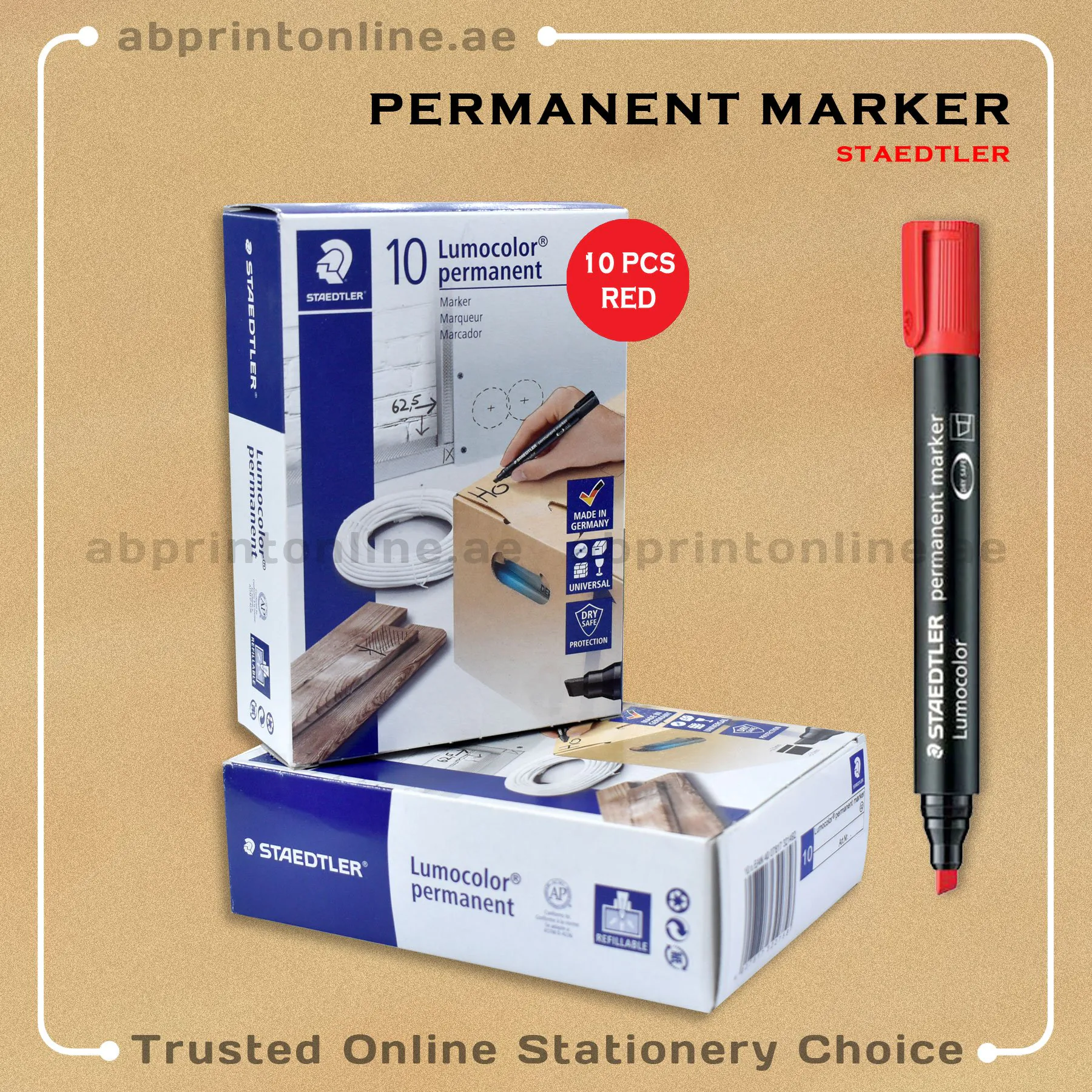 STEADTLER CHISEL TIP PERMANENT RED MARKER PKT/10PCS - Image 1
