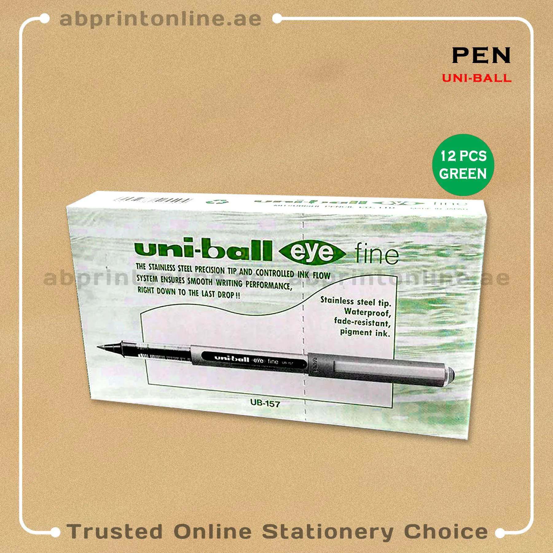 UNI-BALL EYE FINE UB157 GREEN ROLLER PEN0.5MM PKT/12 PCS - Image 1