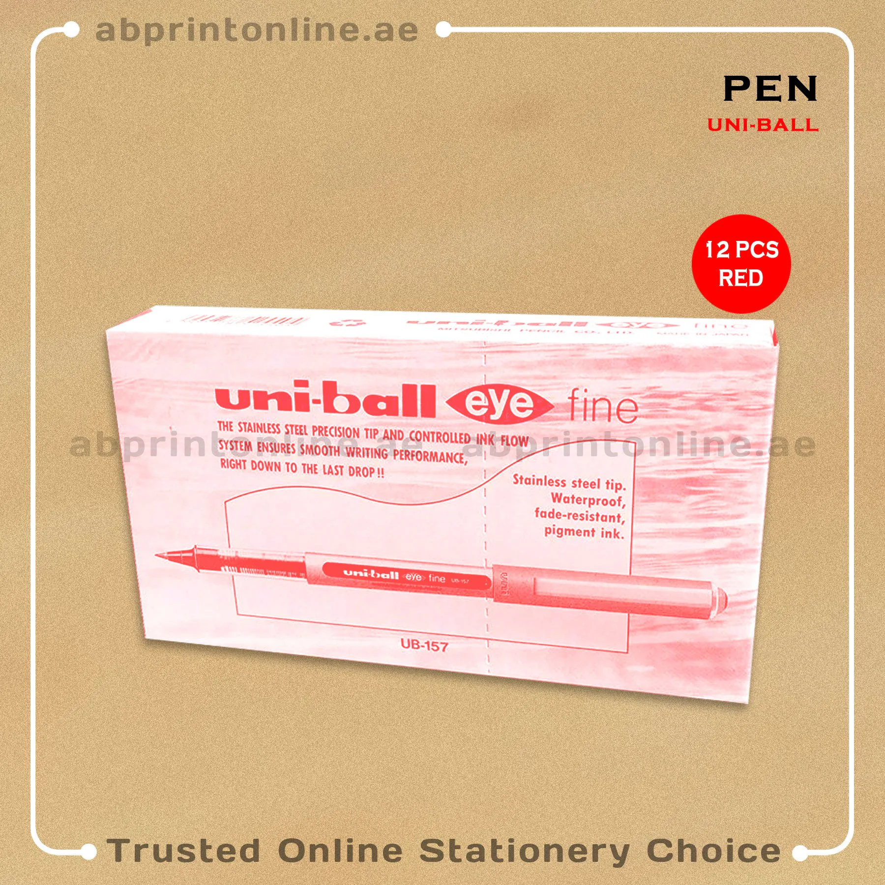 UniballEyeRed12pkt UNI-BALL EYE FINE UB157 RED ROLLER PEN0.5MM PKT/12 PCS - Image 1