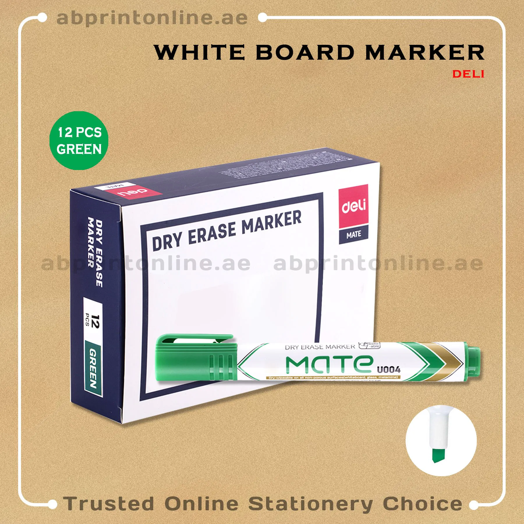 DELI REFILLABLE CHISEL TIP WHITE BOARD GREEN MARKER PKT/12PCS - Image 1