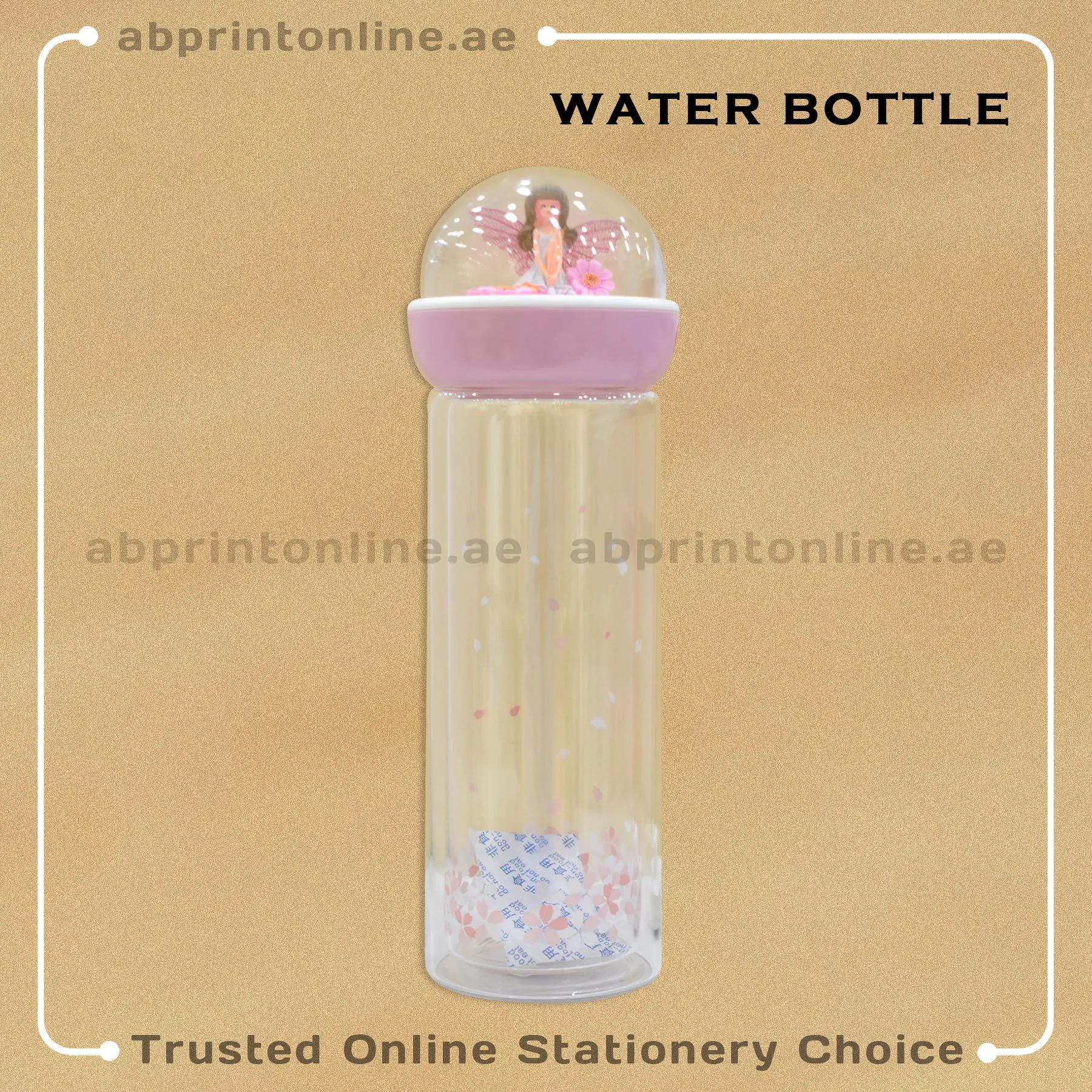 GLASS WATER BOTTLE PINK GLITTER DOLL DESIGN - Image 1