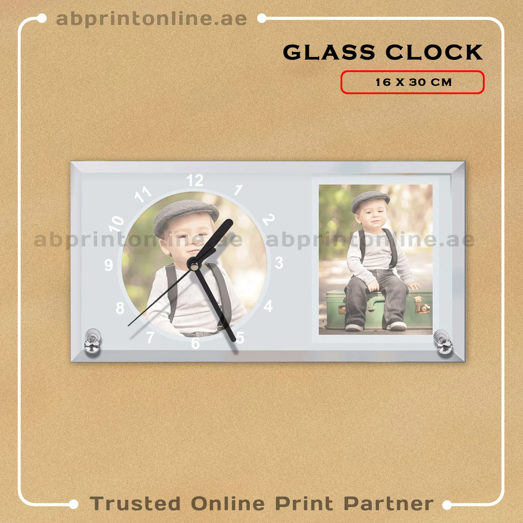 GLASS CLOCK PHOTO FRAME PRINTING 30CMX16CM - Image 1