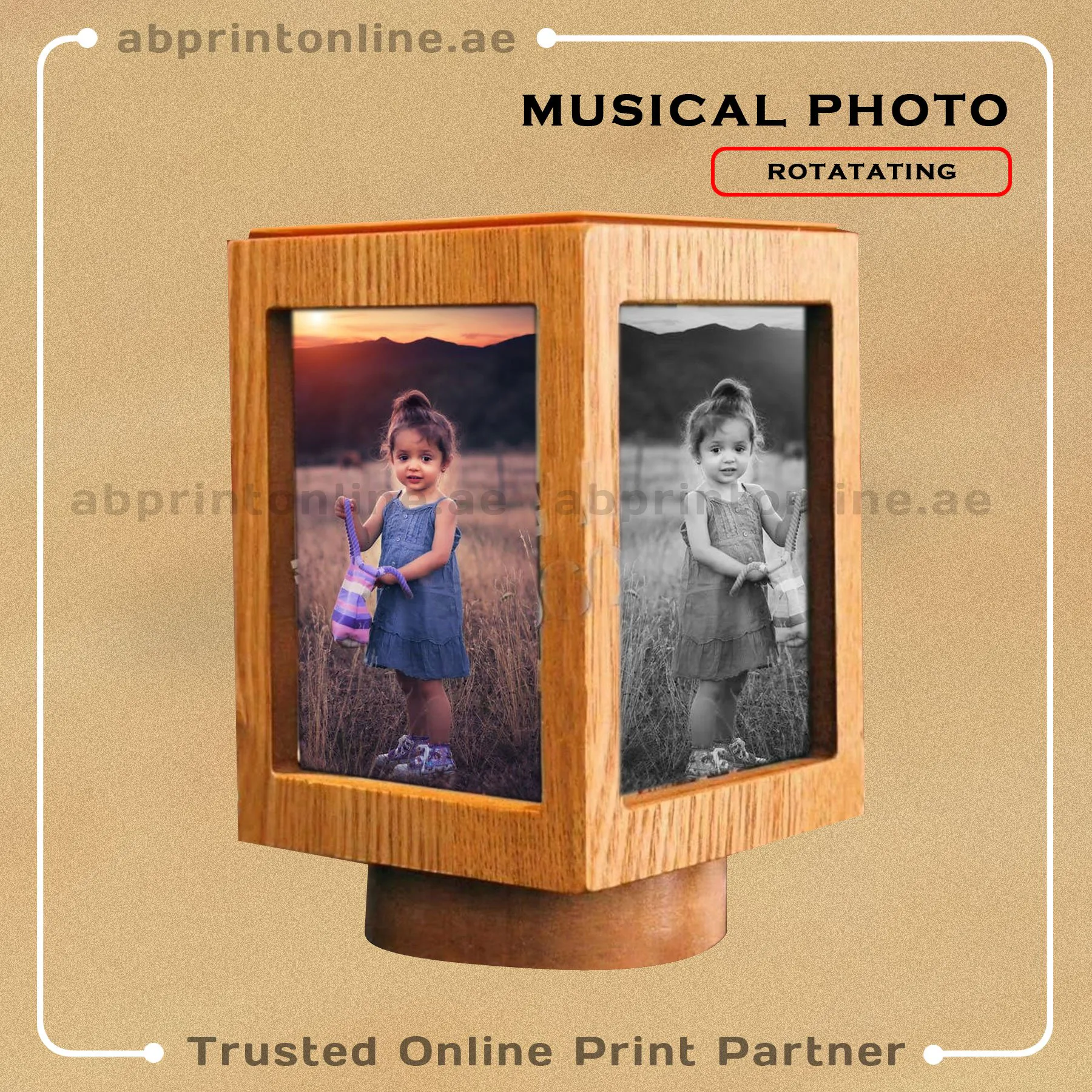 PERSONALISED WOODEN ROTATING PHOTO FRAME PRINTING - Image 1