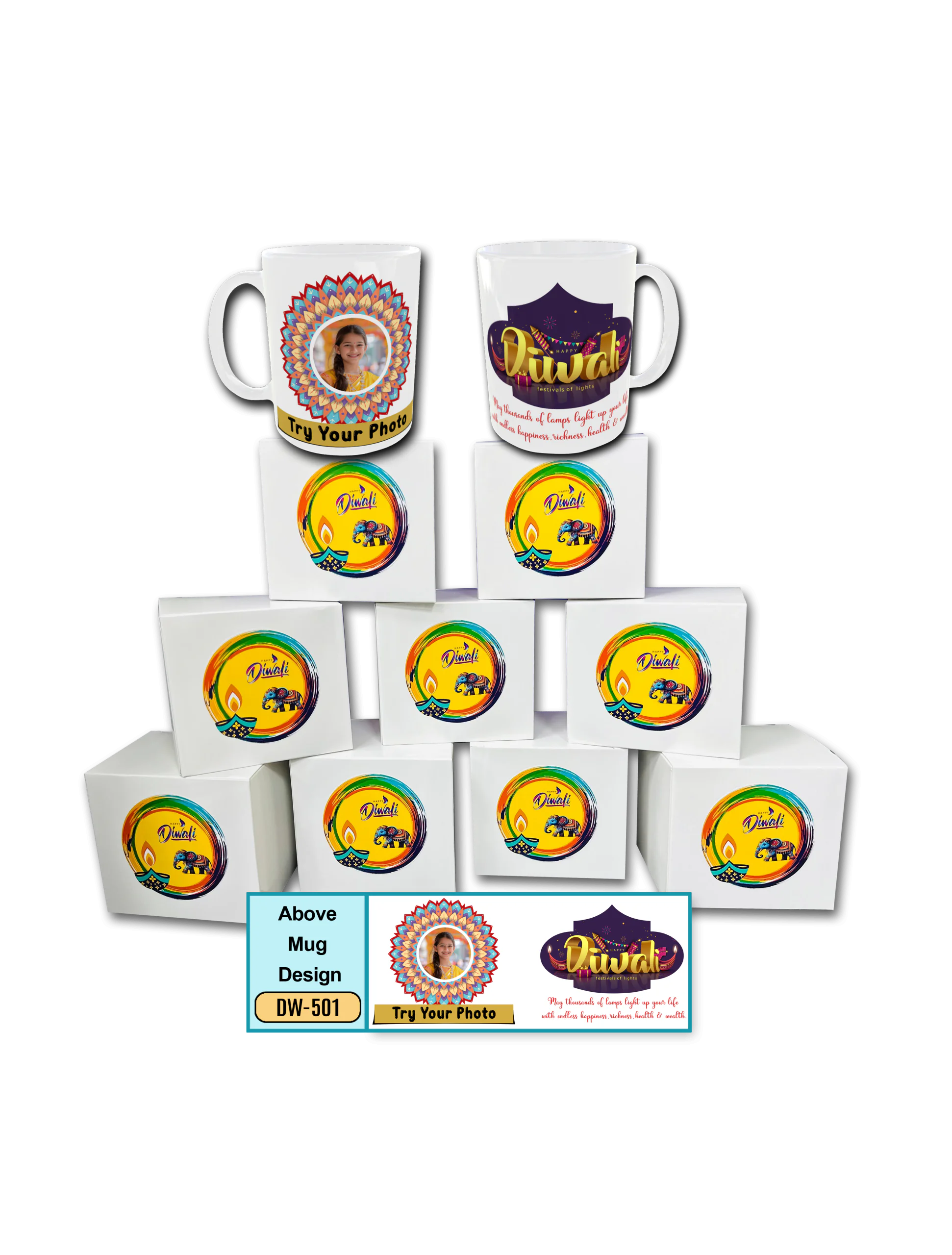 Diwali Gift - White Mug Combo - 9 Pcs - DW501 - Image 1