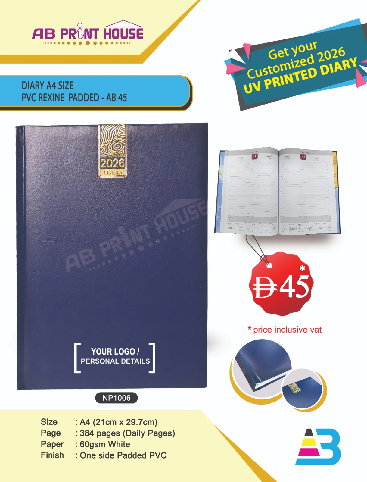 DIARY-A4 WHITE FOAM PADDED-REXINE DAILY PAGE A4 - BLUE - Image 1