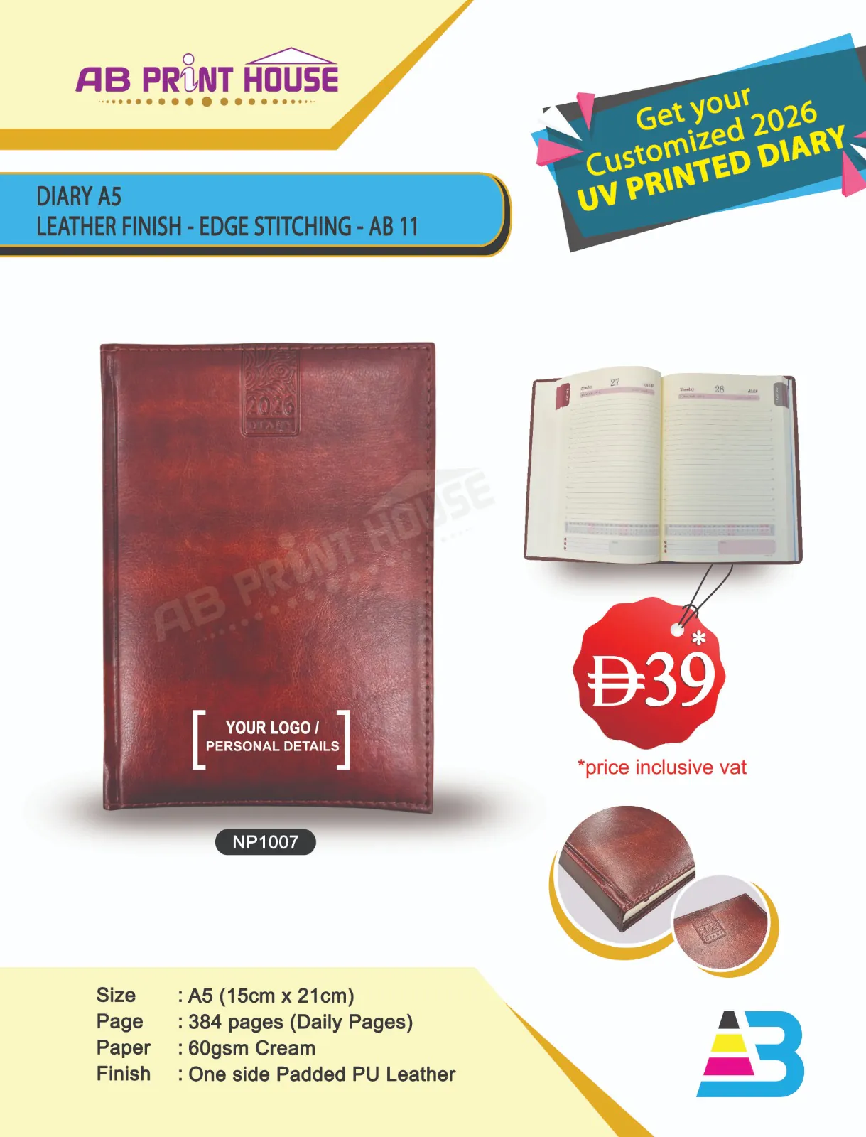 DIARY-A5 CREAM DAILY PU D-LEATHER FINISH-EDGE STICHING - Image 1