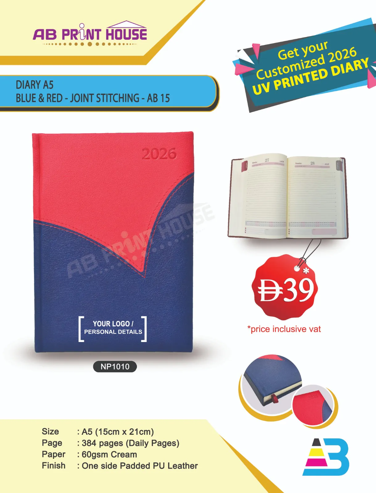 DIARY-A5-CREAM DAILY PU BLUE&RED-JOINT STICHING - Image 1