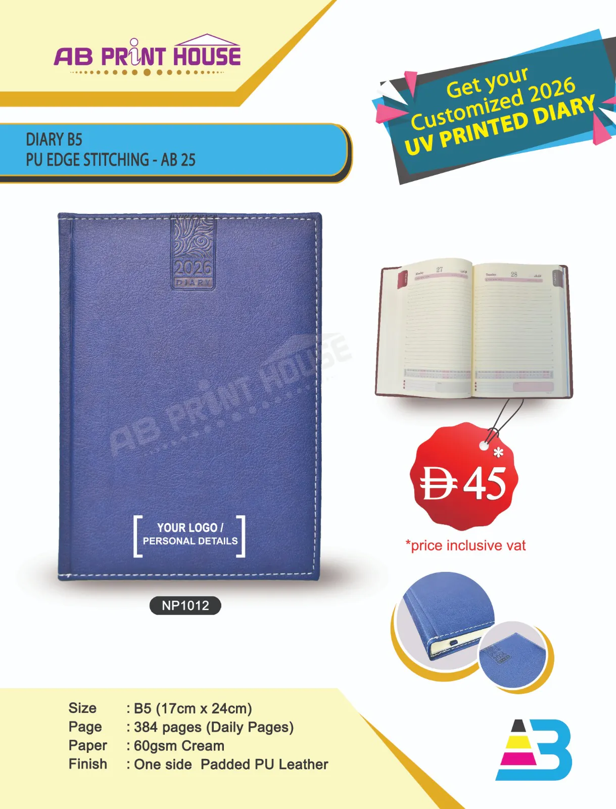 DIARY-B5-CREAM DAILY PU-BLUE EDGE STICHING - Image 1