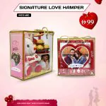 Valentine’s Day Signature Love Hamper with personalized acrylic photo frame, love heart mug, hourglass, Ferrero Rocher, Dairy Milk chocolates, teddy bear, greeting card, and LED light – customizable with name, photo, and message.
