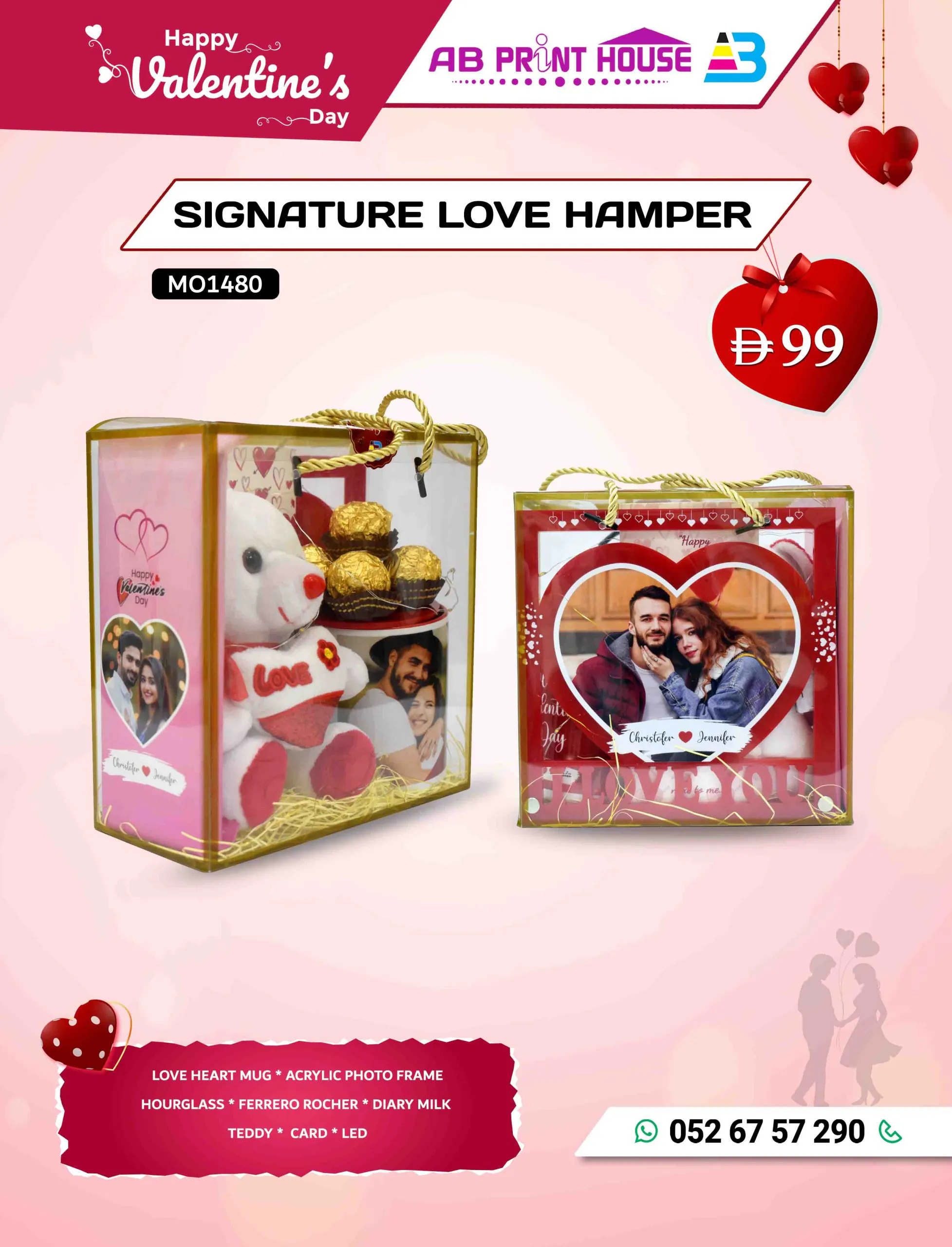 Valentine’s Day Signature Love Hamper with personalized acrylic photo frame, love heart mug, hourglass, Ferrero Rocher, Dairy Milk chocolates, teddy bear, greeting card, and LED light – customizable with name, photo, and message.