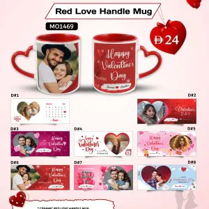 Ceramic red love handle mug from AB Print House featuring personalized photo and custom message, ideal Valentine’s gift for couples.