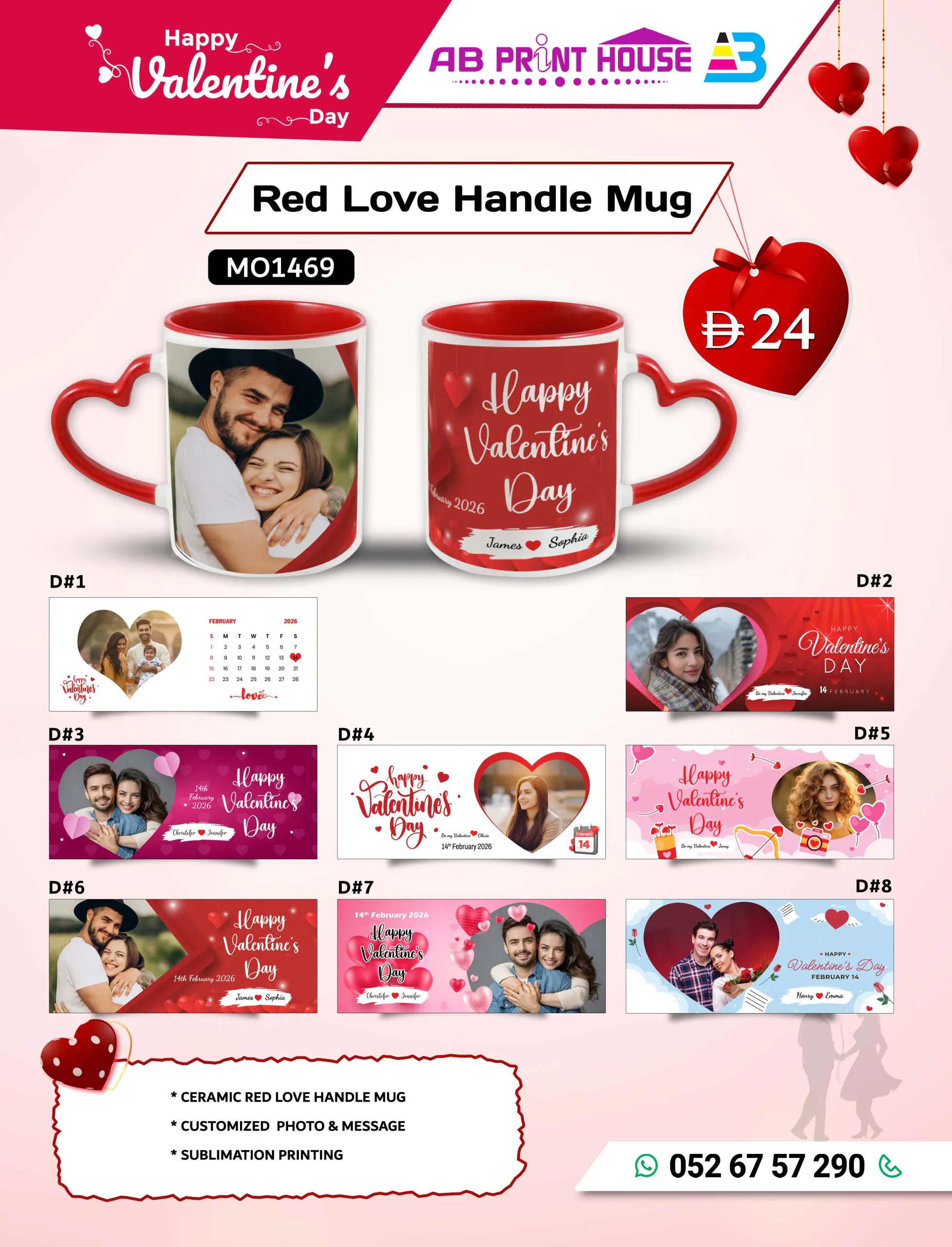 Ceramic red love handle mug from AB Print House featuring personalized photo and custom message, ideal Valentine’s gift for couples.
