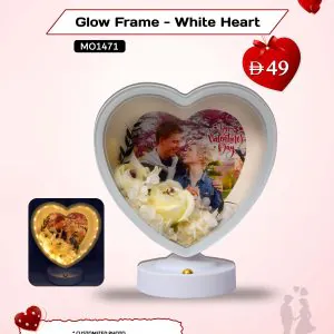 Glow Frame White Heart by AB Print House – personalized LED photo frame with touch switch, perfect Valentine’s Day gift.