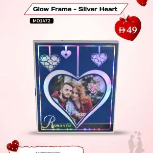 Glow Frame Silver Heart by AB Print House – personalized LED photo frame with touch switch, perfect Valentine’s Day gift.