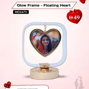 Glow Frame Floating Heart by AB Print House – personalized LED photo frame with hanging photo and touch switch, perfect Valentine’s Day gift.