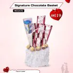 Valentine’s Day custom chocolate basket with gourmet chocolates wrapped in personalized photo paper featuring a romantic couple image, elegantly arranged for gifting.