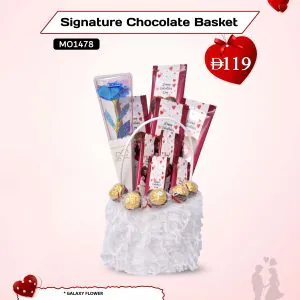 Valentine’s Day custom chocolate basket with gourmet chocolates wrapped in personalized photo paper featuring a romantic couple image, elegantly arranged for gifting.