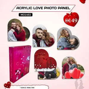 Acrylic Love Photo Panel, 3 mm clear acrylic with custom photo, mounted using metal standoff screws and supplied in gift box packing.