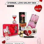 Eternal Love Galaxy Box by AB Print House – personalized Valentine’s Day gift box with photo frame, hourglass, chocolates, and galaxy flower.