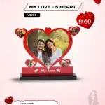 My Love – 5 Heart red acrylic photo frame from AB Print House with five custom photo and message areas, UV printed, on a black base.