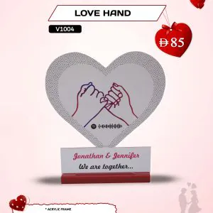 Love Hand acrylic photo frame from AB Print House, UV printed with custom photo and message, standing on a red base.