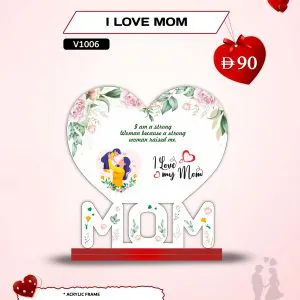 I Love Mom clear acrylic UV-printed photo plaque with custom photo and message on a red base from AB Print House.