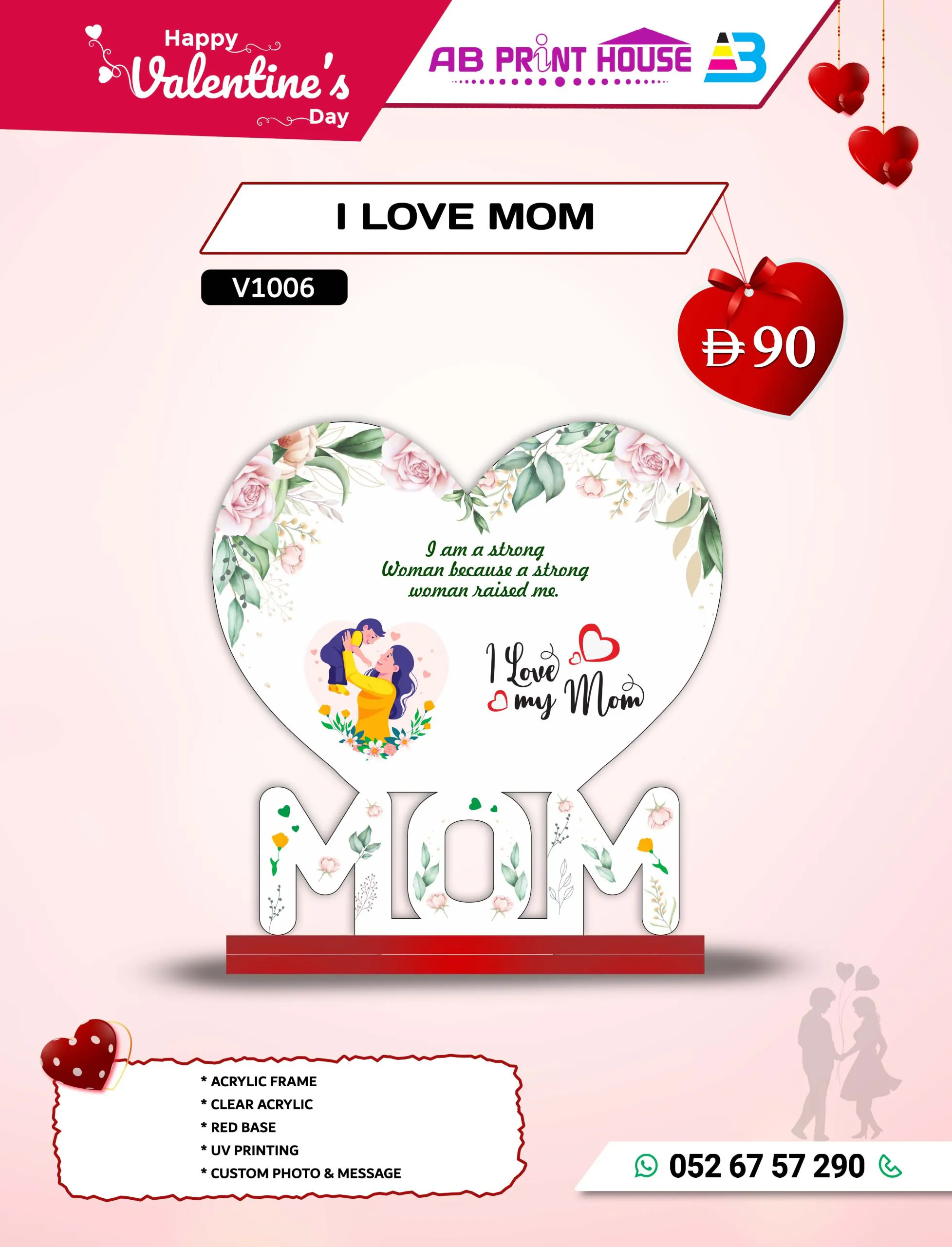 I Love Mom clear acrylic UV-printed photo plaque with custom photo and message on a red base from AB Print House.