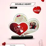 Double Heart clear acrylic UV-printed photo plaque with custom photo and message on a black base from AB Print House.