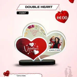 Double Heart clear acrylic UV-printed photo plaque with custom photo and message on a black base from AB Print House.