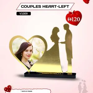 Couples Heart - Left mirror gold acrylic photo plaque with UV-printed custom couple photo on a black base from AB Print House.