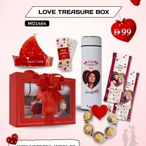 Love Treasure Box by AB Print House – personalized Valentine’s gift box with thermal flask, ship heart decor, chocolates, and message card.