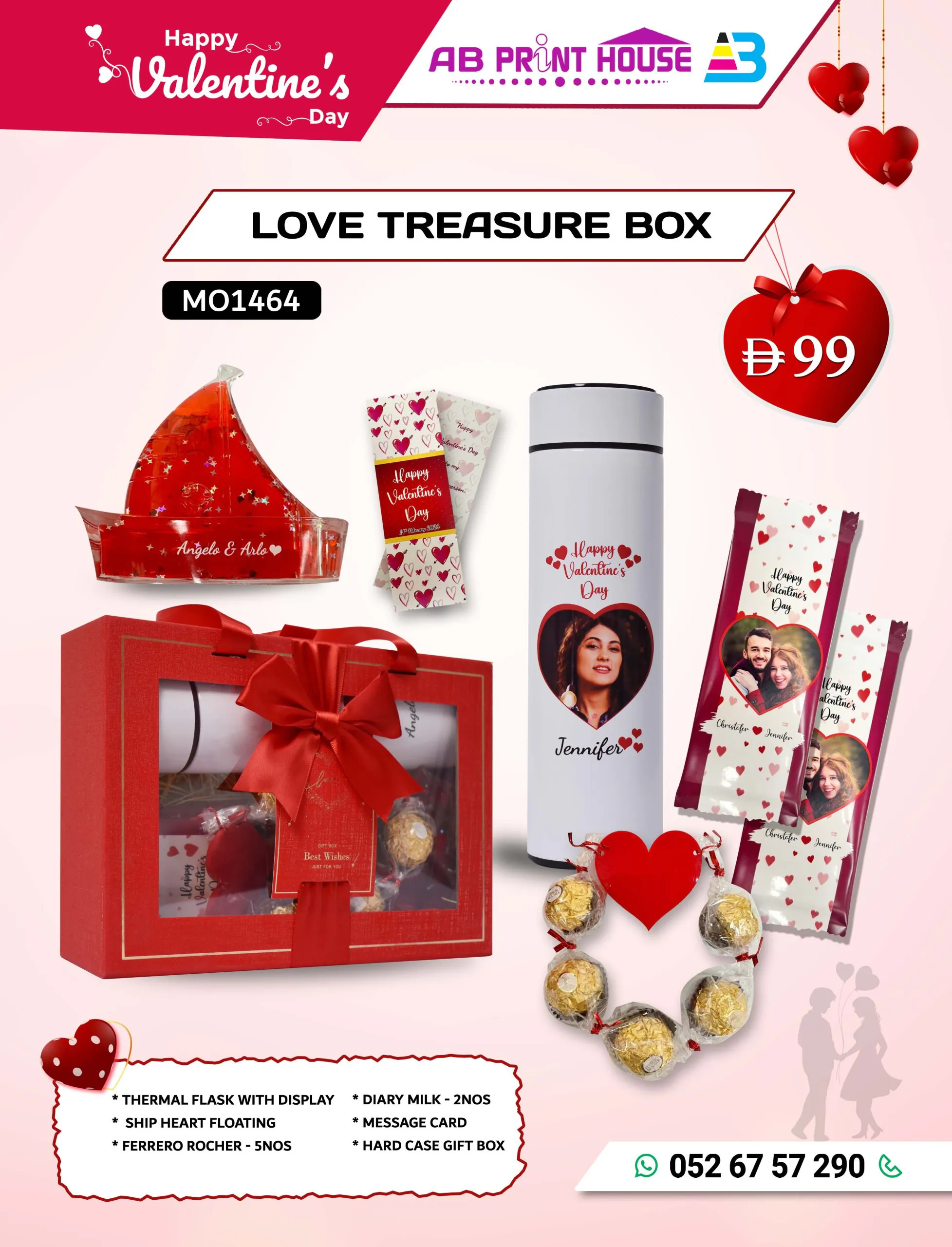 Love Treasure Box by AB Print House – personalized Valentine’s gift box with thermal flask, ship heart decor, chocolates, and message card.