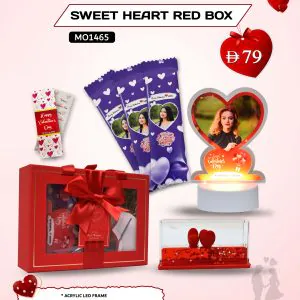 Sweet Heart Red Box by AB Print House – personalized Valentine’s Day gift box with LED photo frame, floating ship, chocolates, and message card.